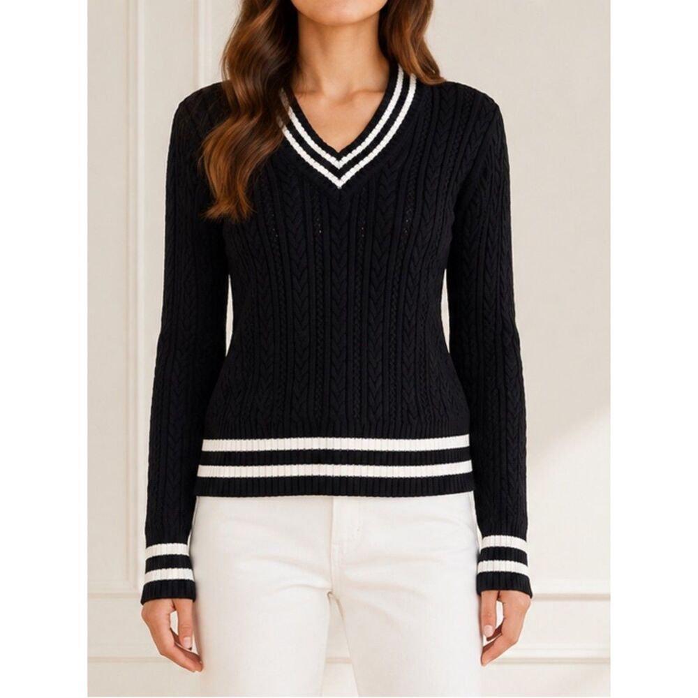 Liz Claiborne Cotton Cable Knit Sweater Size XL Black Ivory Varsity V-Neck VTG